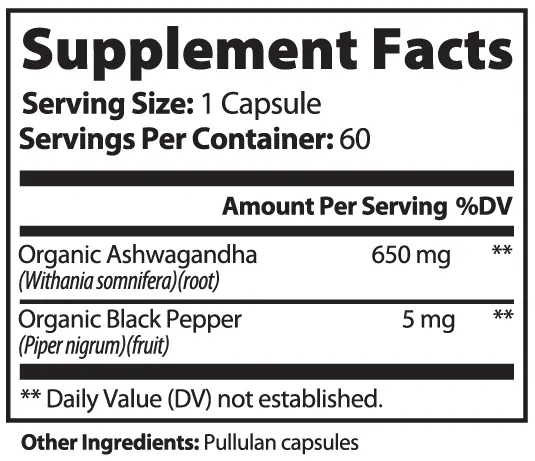 Ashwagandha Root Formula supplement facts — 650mg per serving | Vitavia