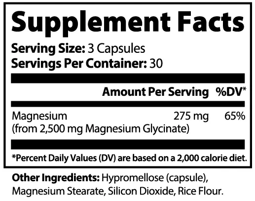 Magnesium Glycinate supplement facts — 275mg elemental magnesium per serving | Vitavia